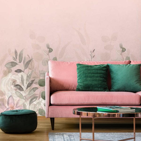 Różowa fototapeta w liście do poczekalni