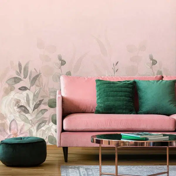 Różowa fototapeta w liście do poczekalni