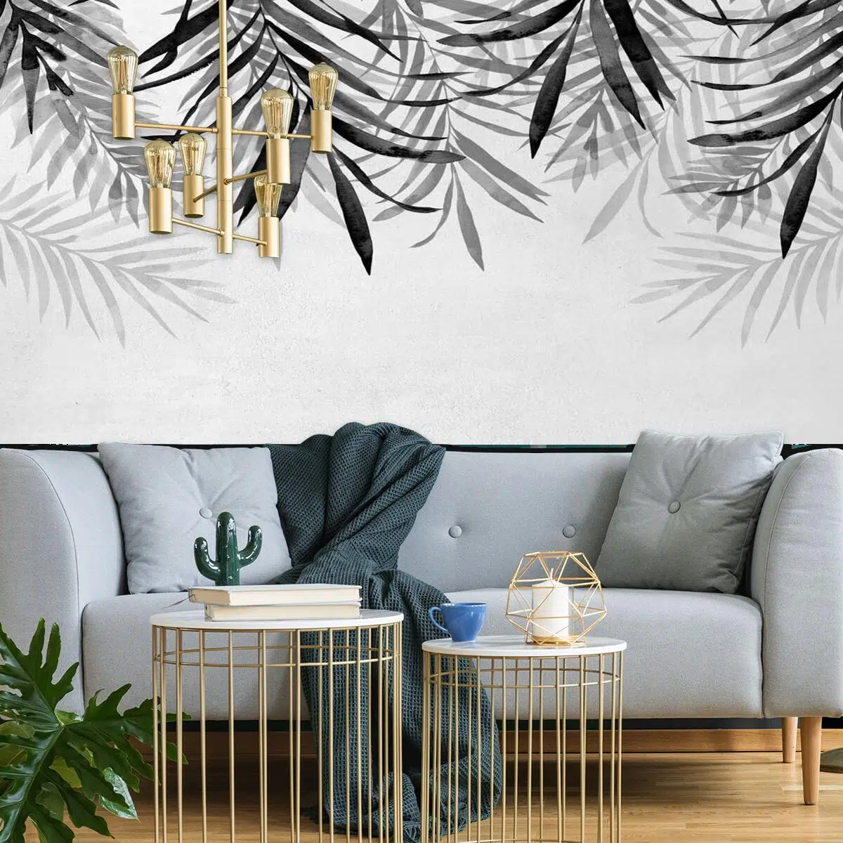 Foto-tapeta z motywem szarych liści do upiększenia salonu
