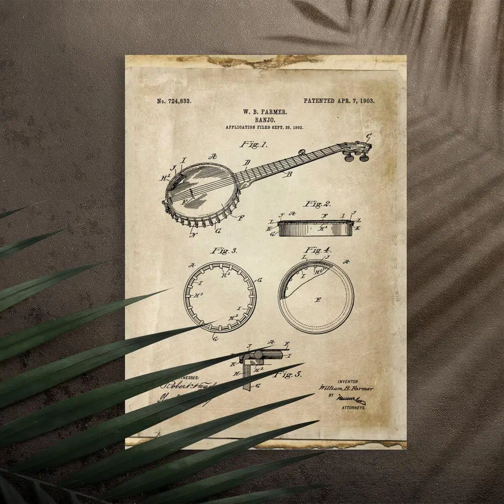 Plakat z patentem na banjo do gabinetu