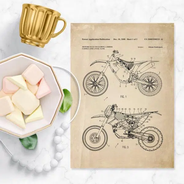 Plakat z patentem na motocykl wyczynowy