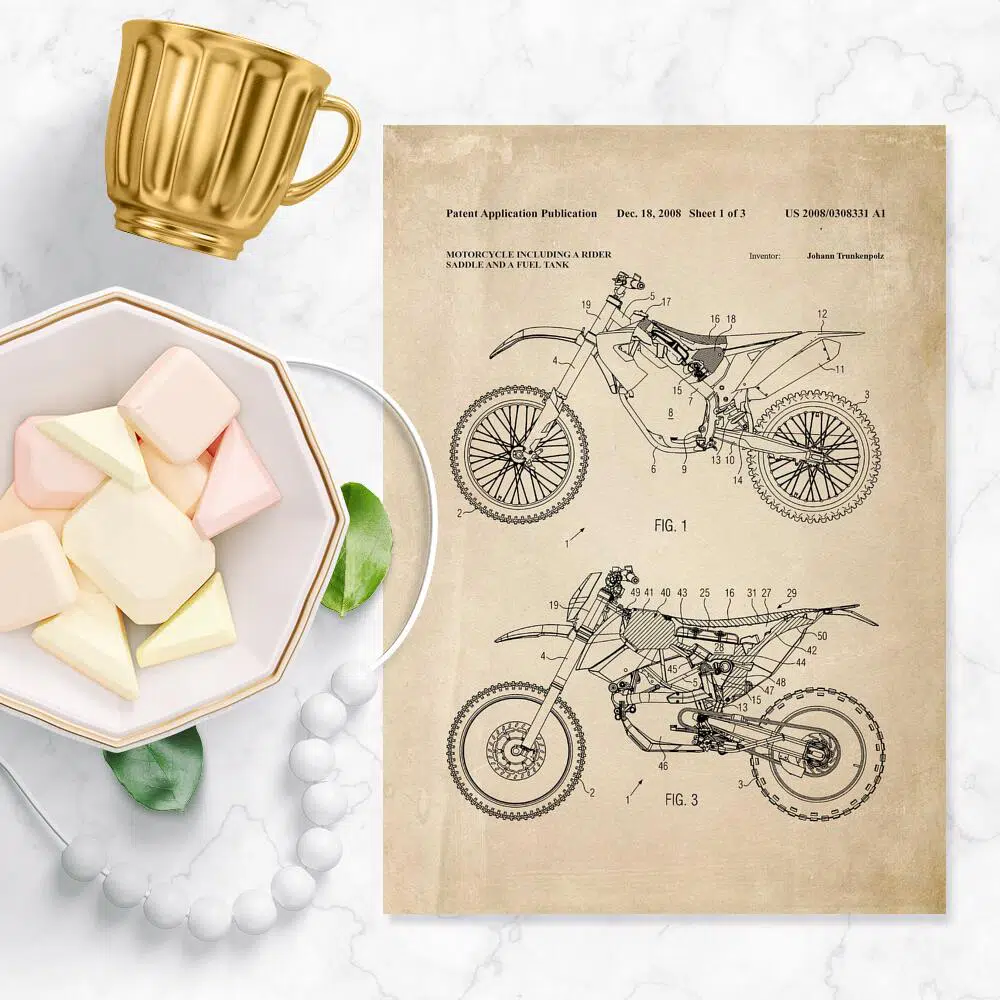 Plakat z patentem na motocykl wyczynowy