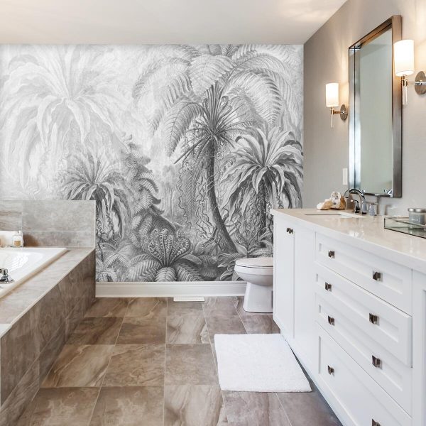 Czarno-biała fototapeta przedstawiająca roślinność do łazienki