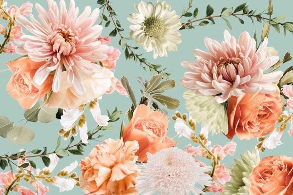 Fototapeta - Kwiaty na niebieskim tle dla dziewczynki