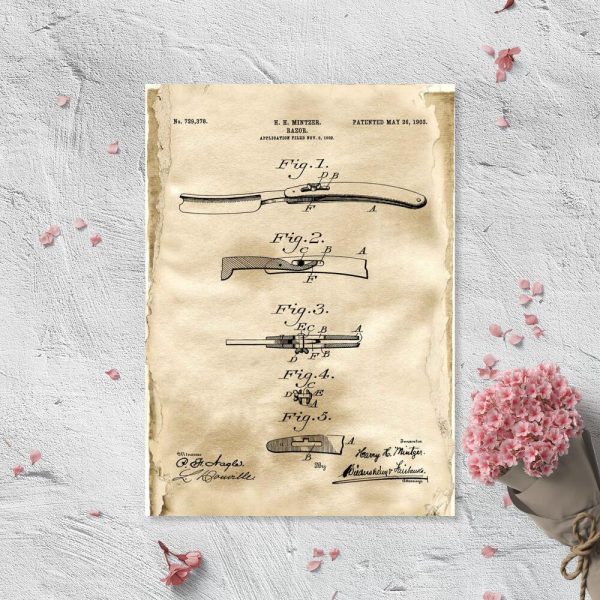 Plakat patentowy z brzytwą do barbera