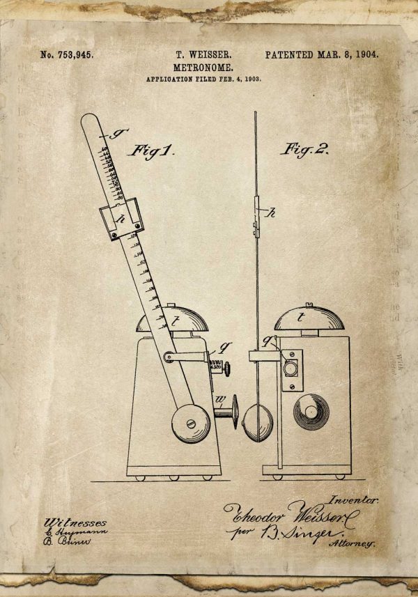 Plakat retro z rysunkiem patentowym metronomu z 1904r.