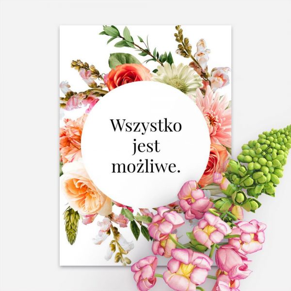 Plakat z motywem kwiatowymi typografią