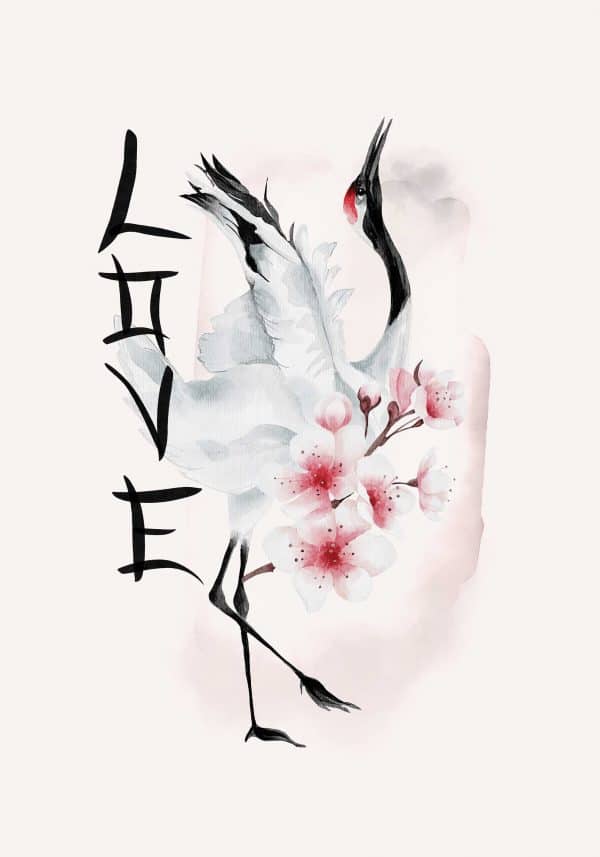 Plakat z napisem love i żurawiem
