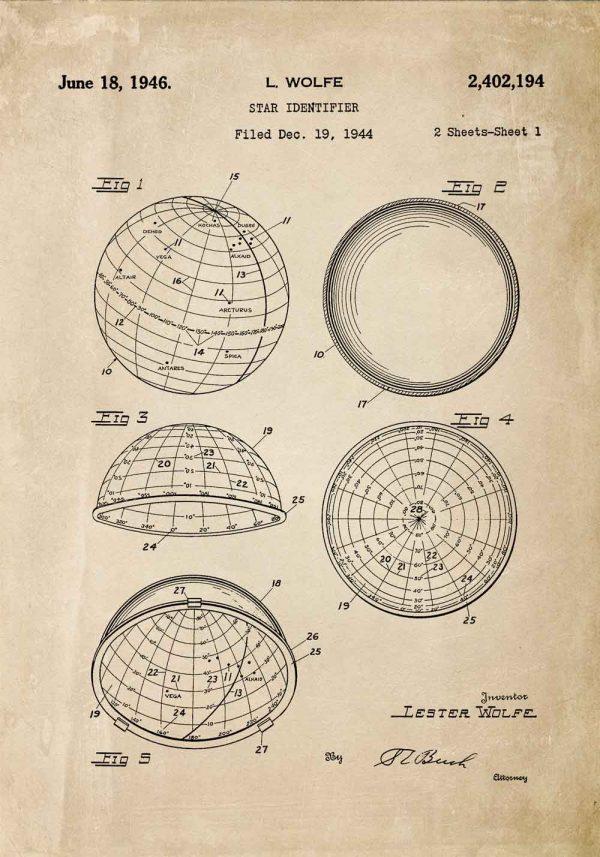Plakat z patentem z 1946r. - urządzenie astronomiczne