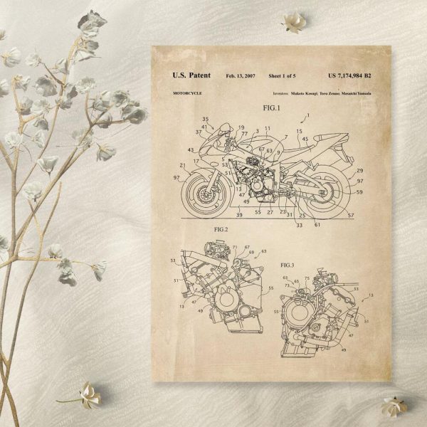 Plakat z projektem i licencją na produkcję motocykla