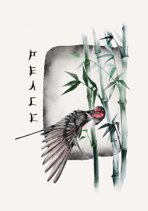 Plakat z ptakiem i bambusem