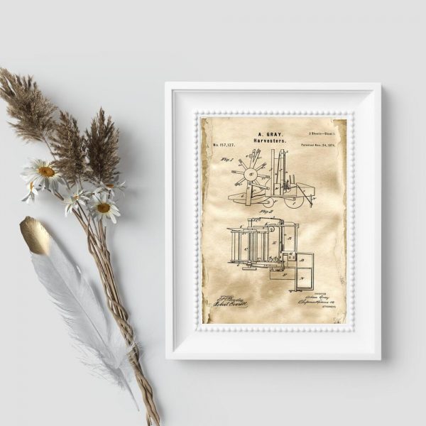 Plakat z rysunkiem patentowym na budowę kombajnu