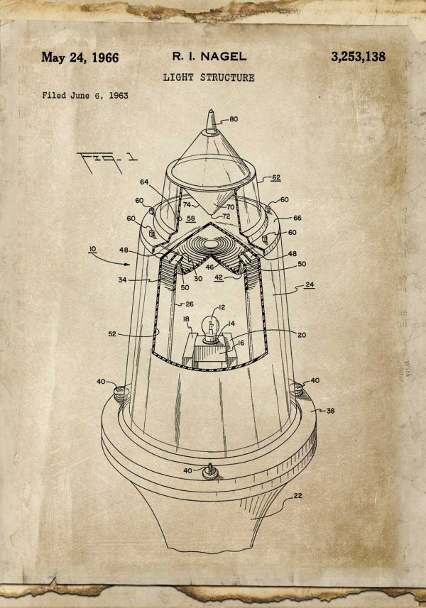 Plakat z rysunkiem patentowym na nowoczesne źródło światła z 1963r.