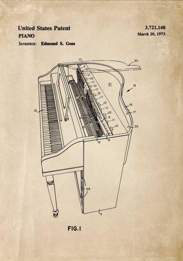 Plakat ze schematem budowy i patentem na fortepian z 1973r.