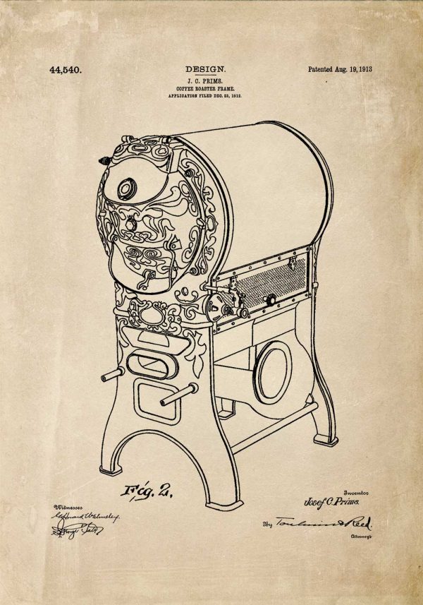 Poster z patentem na piec do kawy dla baristy