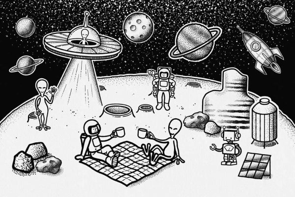 Fototapeta astronauci i ufoludki na Księżycu