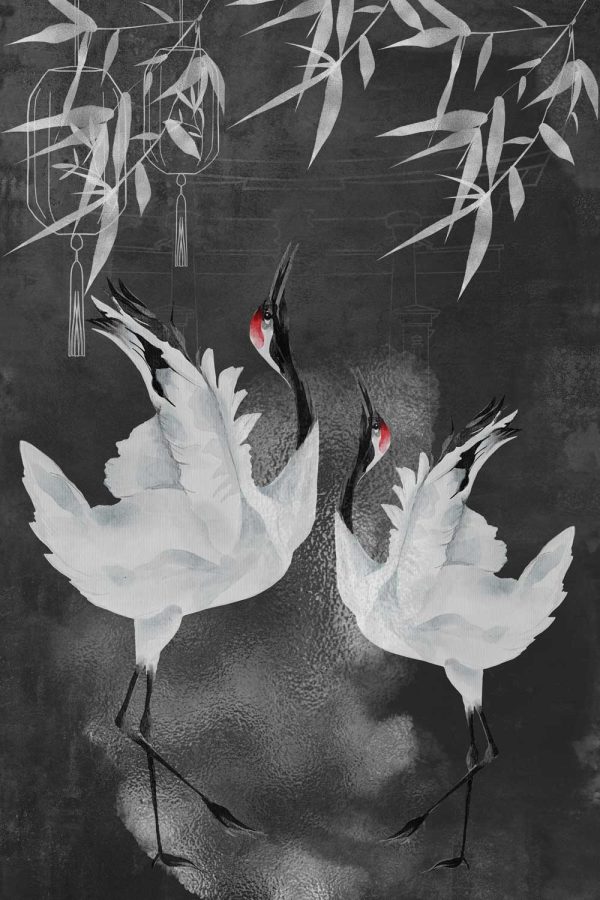 Tapeta dwa żurawie i lampiony na szarym tle