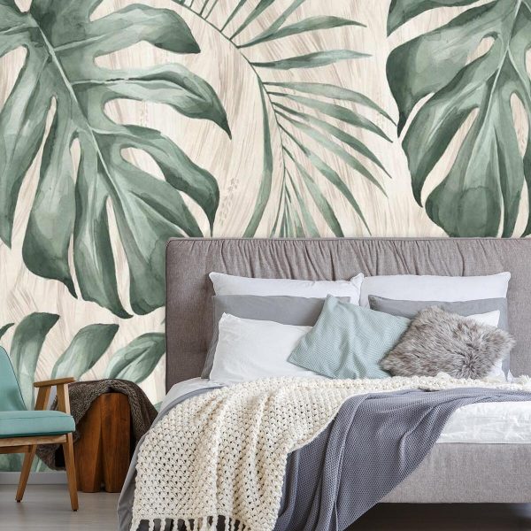 Tapeta z tropikalnymi liśćmi monstery do sypialni
