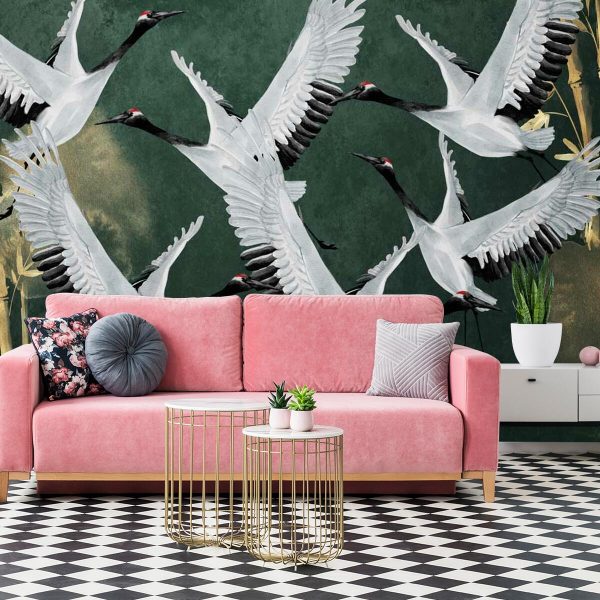 Tapeta żurawie na zielonym tle