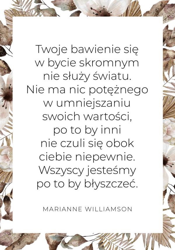 Plakat z cytatem M. Williamson o skromności