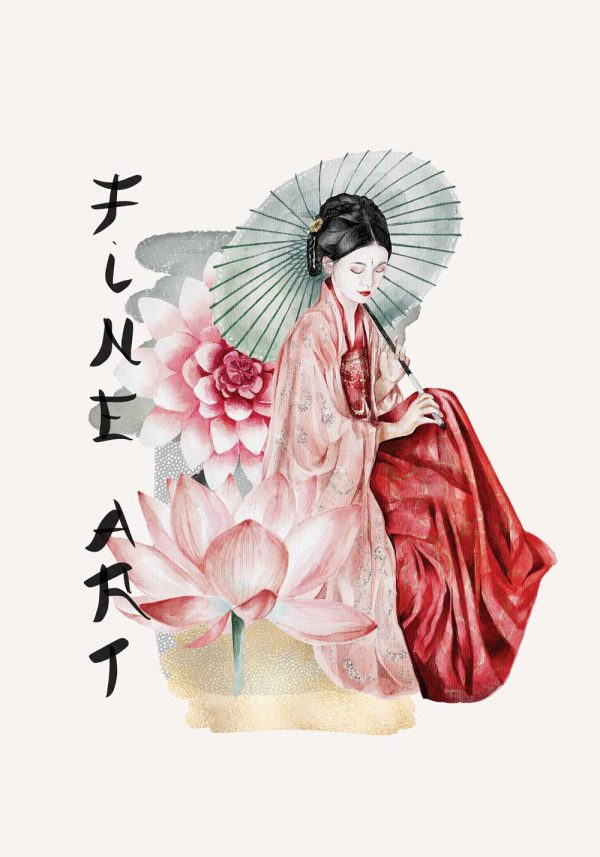 Plakat z gejszą i napisem: fine art