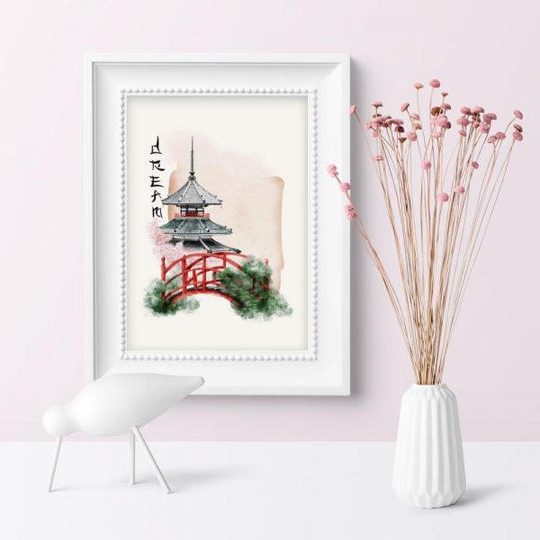 Plakat z japońskim mostkiem w ogrodzie i napisem:dream