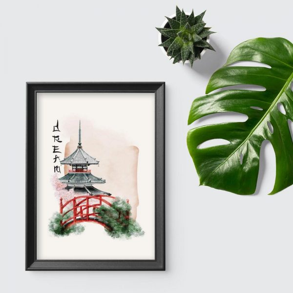 Plakat z mostem ogrodowym i napisem: dream