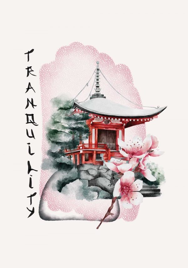 Plakat z pagodą i napisem: tranquility
