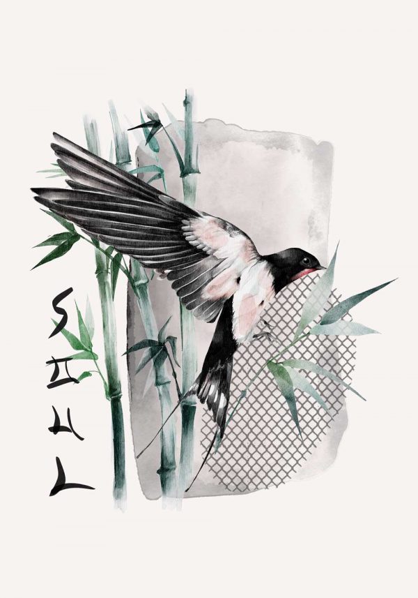 Plakat z ptaszkiem i bambusem