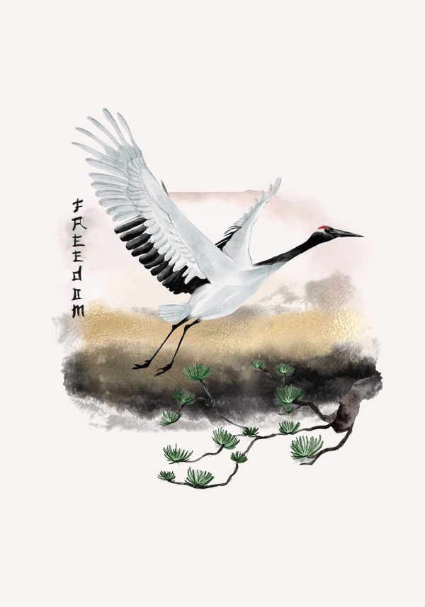 Plakat z żurawiem i napisem: freedom