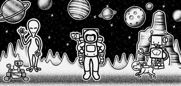Tryptyk plakatowy z kosmitami i astronautą