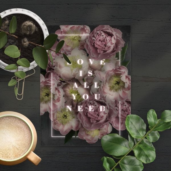 Plakat z kwiatami i napisem