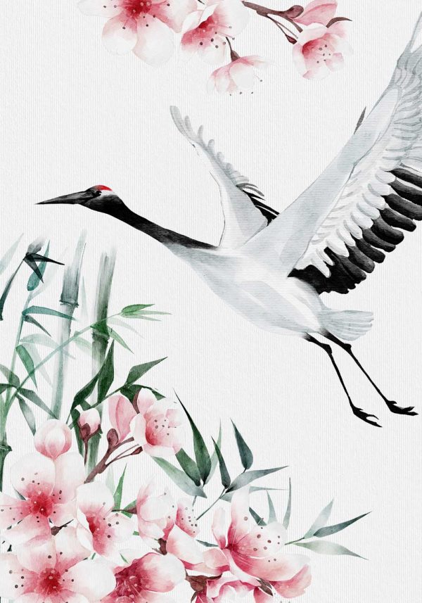 Plakat z motywem żurawia i kwiatu wiśni