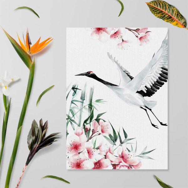 Plakat z motywem żurawia i kwiatu wiśni do pokoju