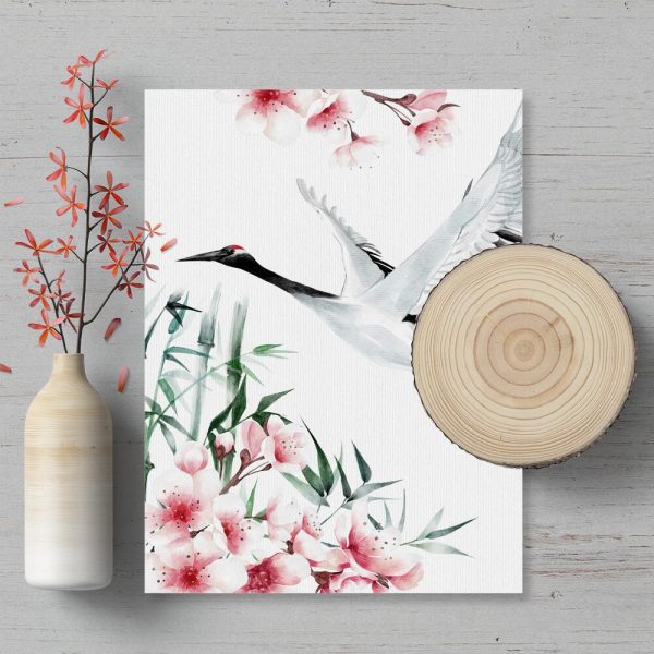 Plakat z motywem żurawia i kwiatu wiśni do przedpokoju