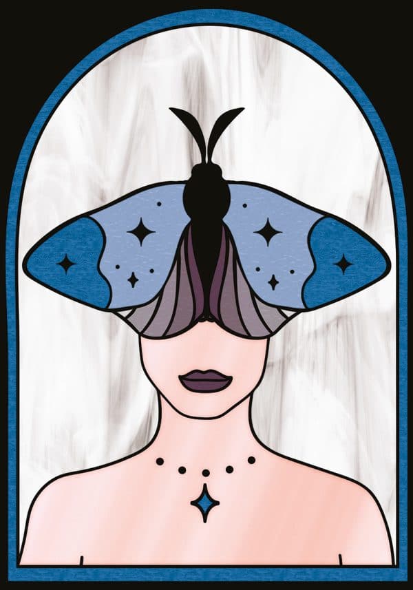 Witraż z kobietą i ćmą