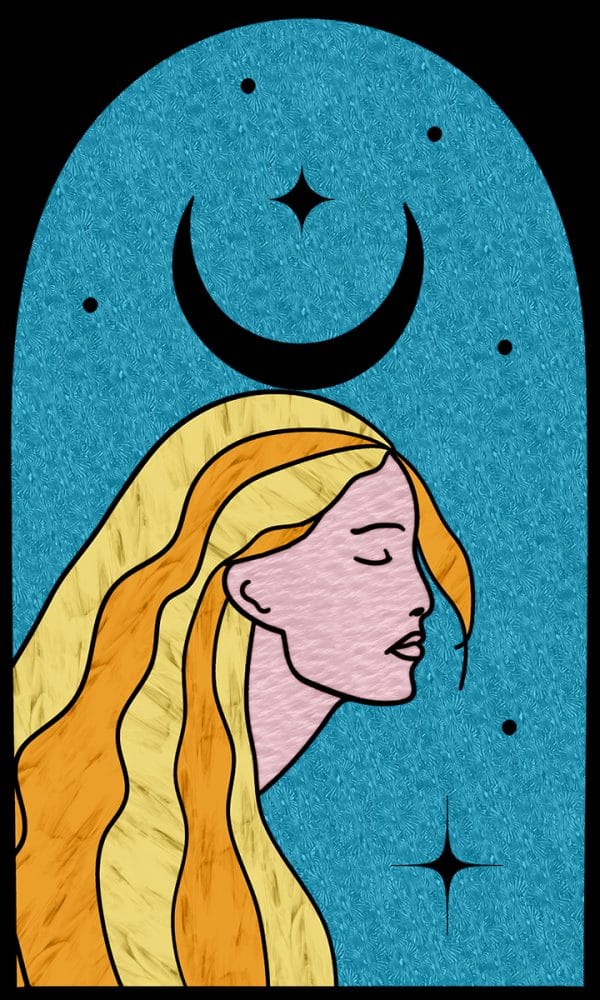 Witraż z kobietą i gwiazdami