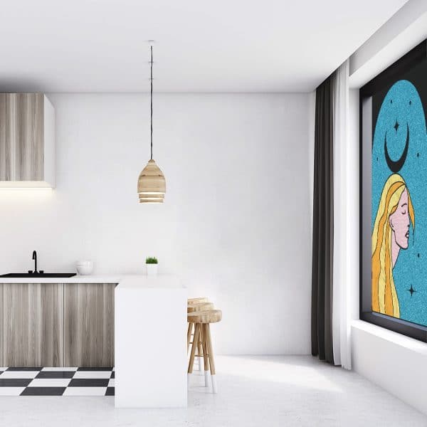 Witraż z kobietą i gwiazdami do jadalni