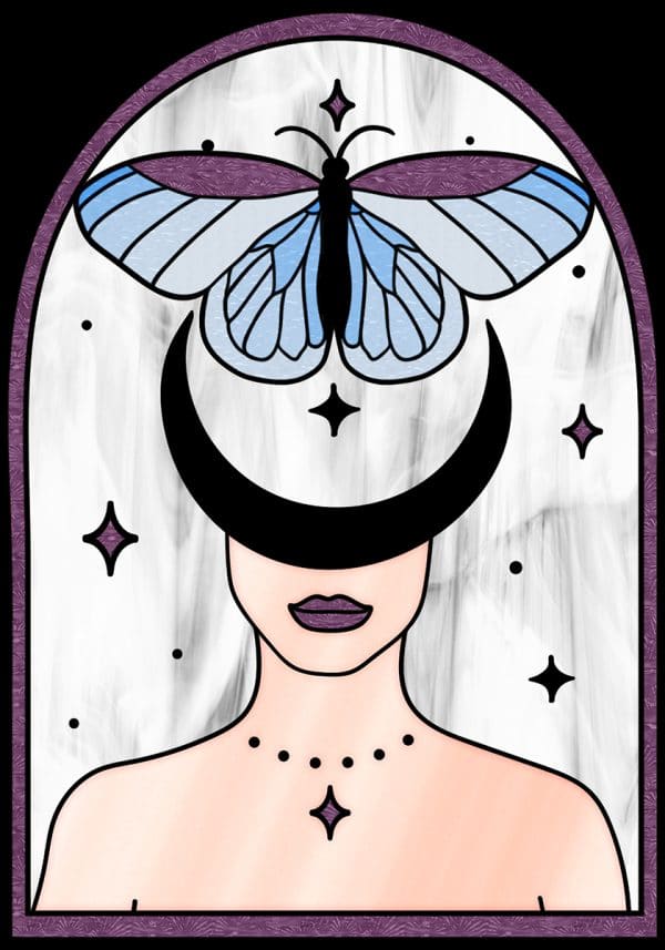 Witraż z księżycem i motylem