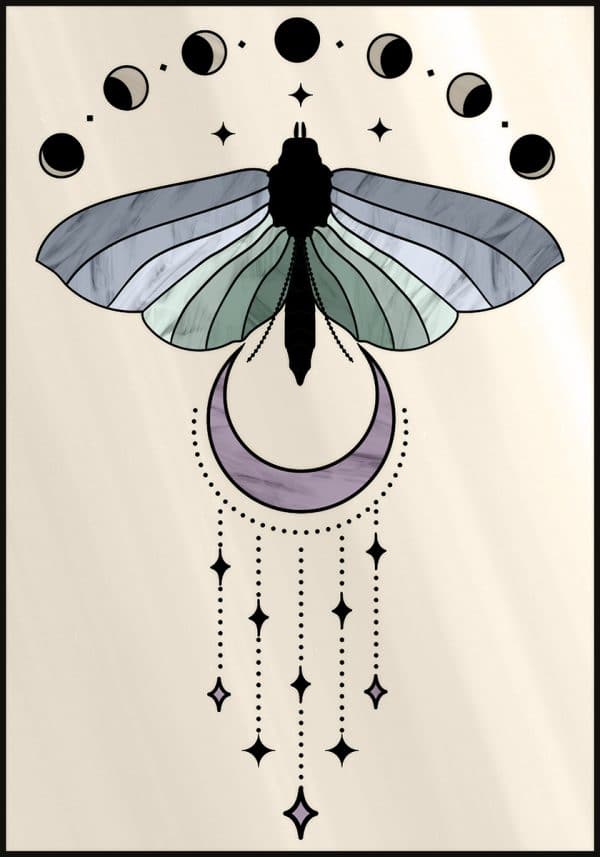 Witraż z motywem ćmy i księżycem