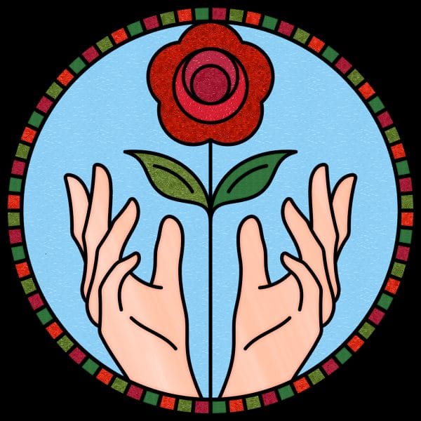 Witraż z różą i dłońmi