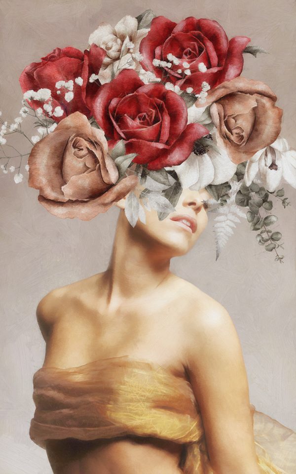 Fototapeta z kobietą i kwiecistą głową