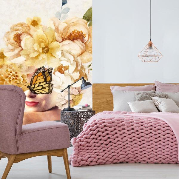 Tapeta z kwiatami i motylem do sypialni