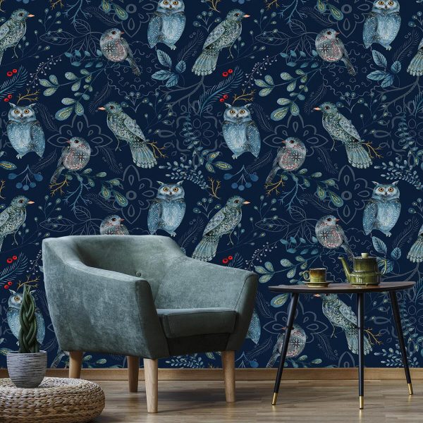 Tapeta z motywem ptaków na granatowym tle