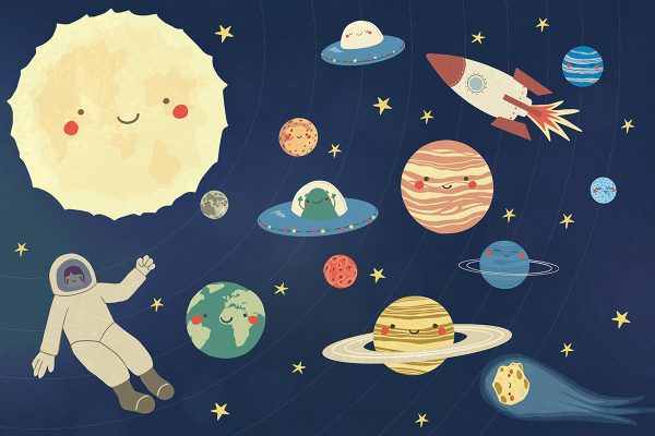 Tapeta z rakiety i astronauta w przestrzeni kosmicznej