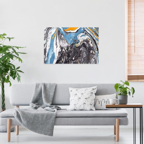 Obraz z niebiesko-szarą abstrakcją plus żółte smugi