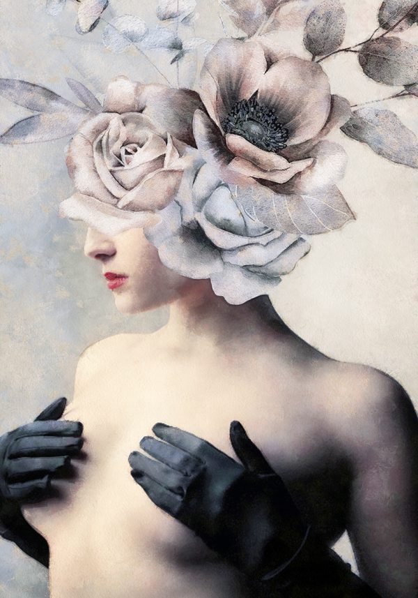 Plakat do oprawienia z kobietą w czarnych rękawiczkach