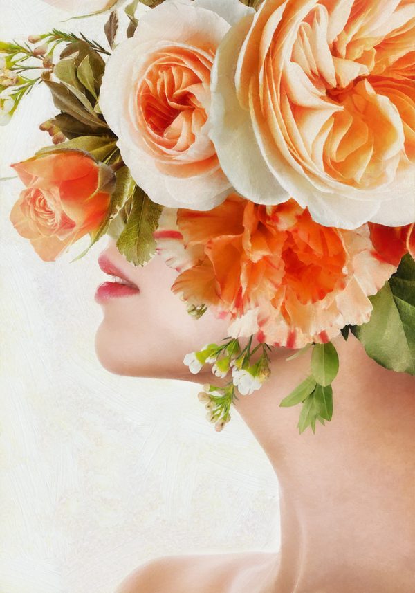 Plakat z kobietą i łososiową różą