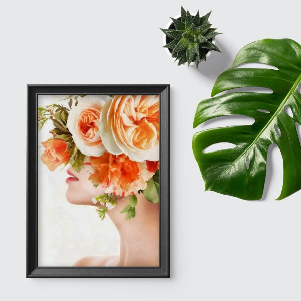 Plakat z kobietą i łososiową różą do przedpokoju