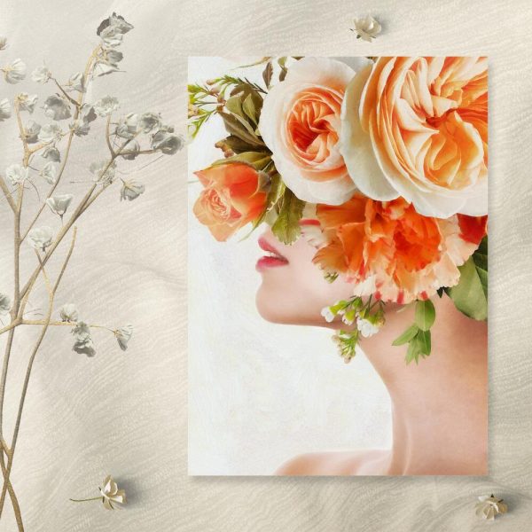 Plakat z kobietą i łososiową różą do sypialni